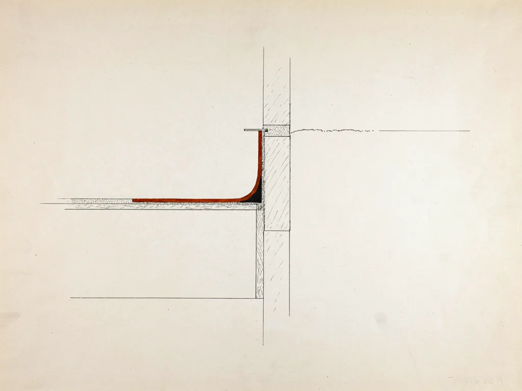 Cross-section of a flat roof membrane turning up a parapet wall to its termination.