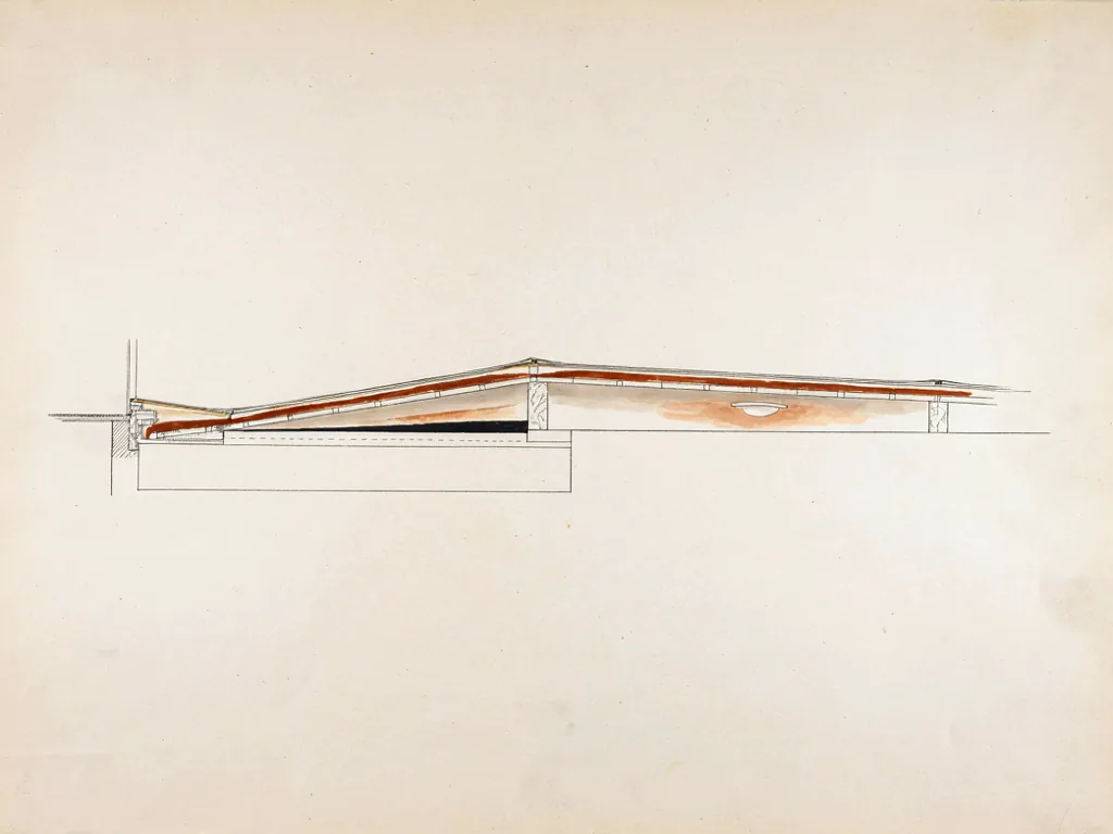 Cutaway showing water entering a roof at one point and appearing inside some distance away.