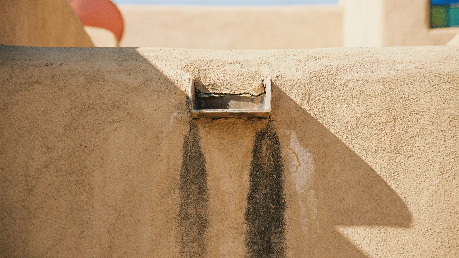 A weathered canale in an adobe parapet wall with water staining on the stucco below it.
